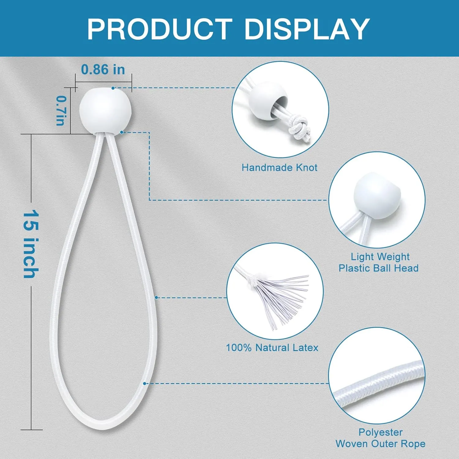 Ball Bungee Cords 50 PCS - Heavy Duty Elastic Bungee with Balls for Canopy, Tarp, Cargo, Tent - UV Resistant (15 Inch)