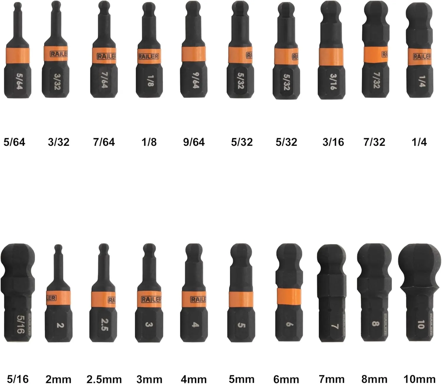 Ball End Hex Bit Set - Railer 1 Inch Impact Driver 20pc Hex Bit Set With A Bit Holder & Carabiner. Premium S2 Steel, Ideal For Furniture Screws