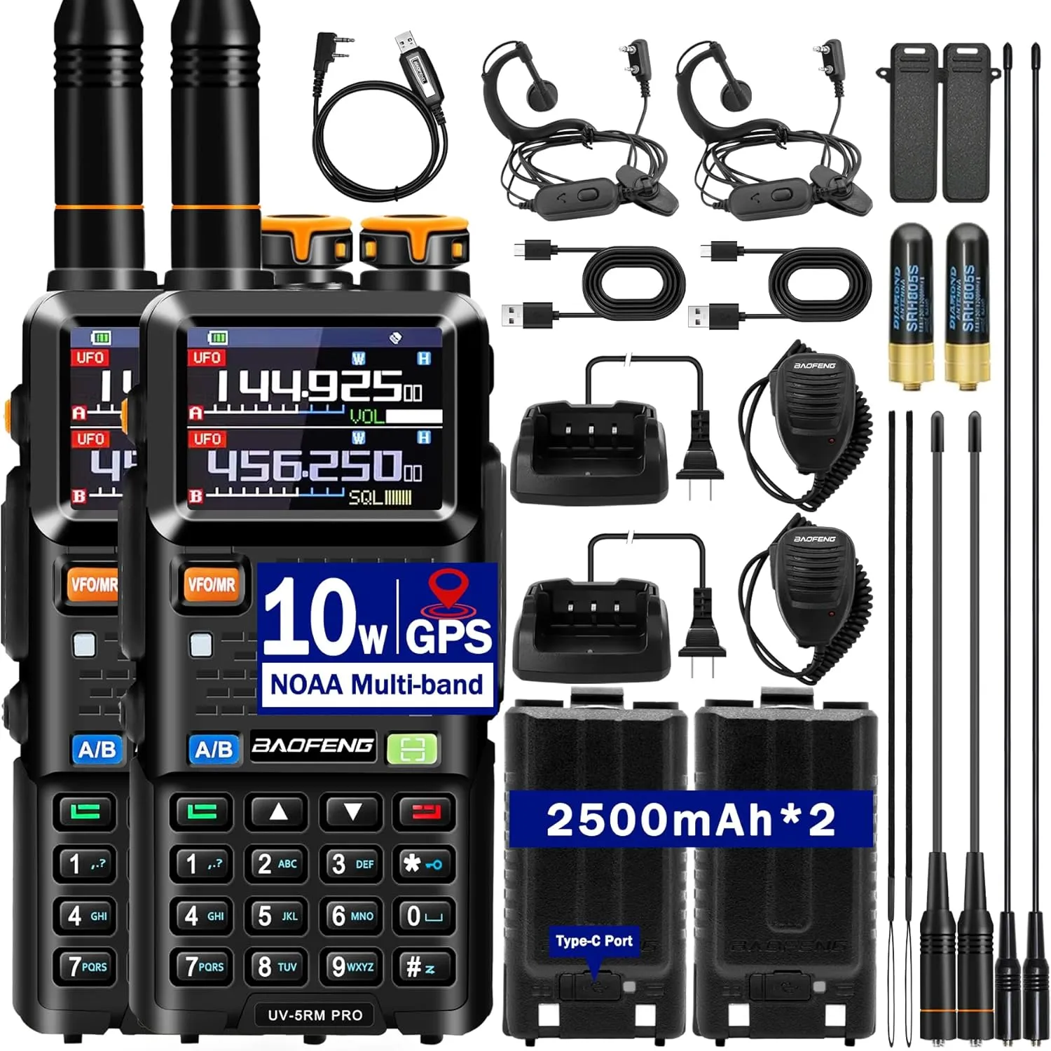 BAOFENG 5RM PRO Ham Radio Handheld,10W UV-5RM PRO with GPS,Walkie Talkies Long Range with 2500mAh Battery,Programming Cable,Speaker Mic,771 Long Antenna,Type-C Charging,2Pack