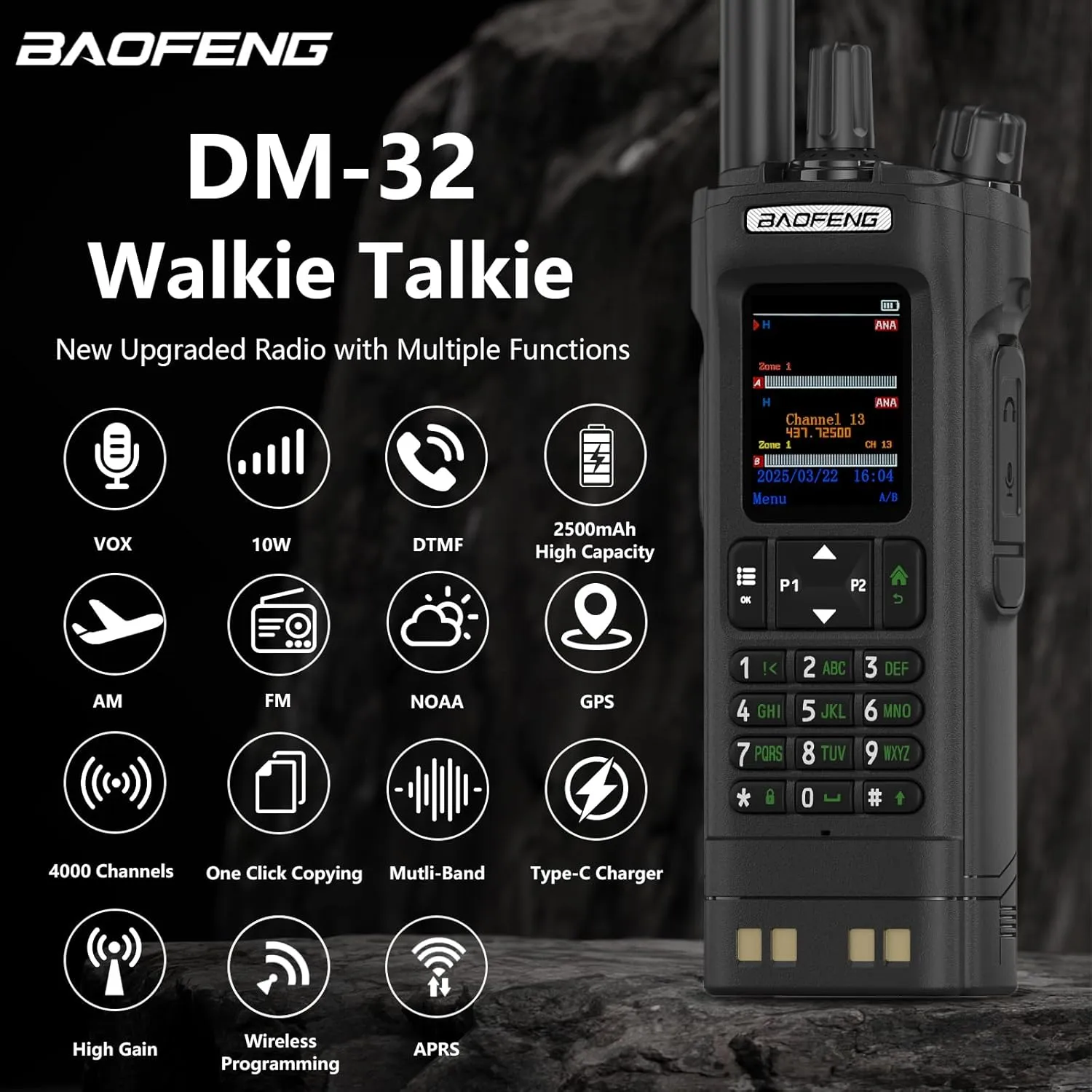 BAOFENG DM32 DMR Radio 10W High Power Handheld Radio GPS/APRS Two Way Raido USB-C Charging Multi-Band FM/AM Wakkie Talkie DM-32