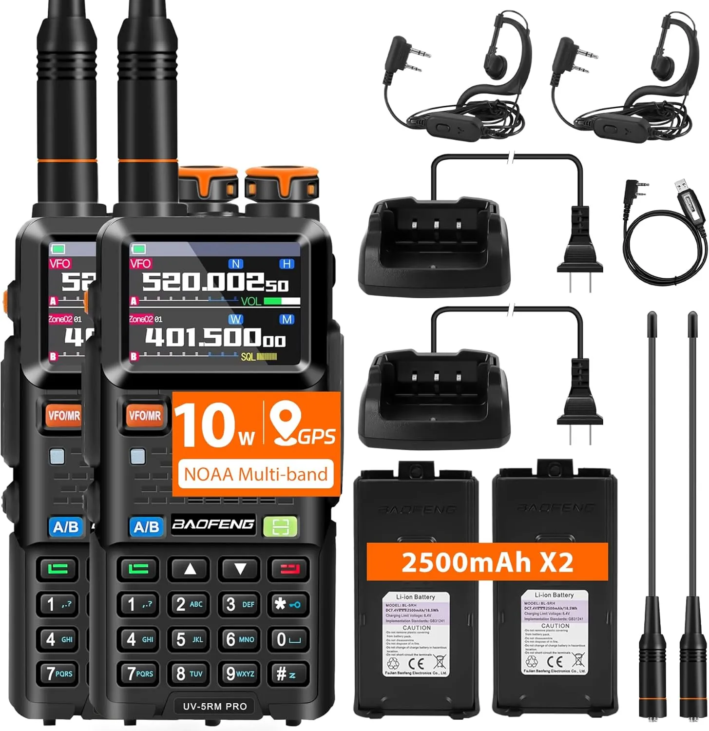BAOFENG UV-5RM PRO 10W GPS Ham Radio Long Range 2 Pack, Multi-Band GMRS Handheld Radio 5RM PRO Two Way Radio for Adults, Rechargeable Walkie Talkies With Type-C Charging 2500mAh Battery & 640 Channels