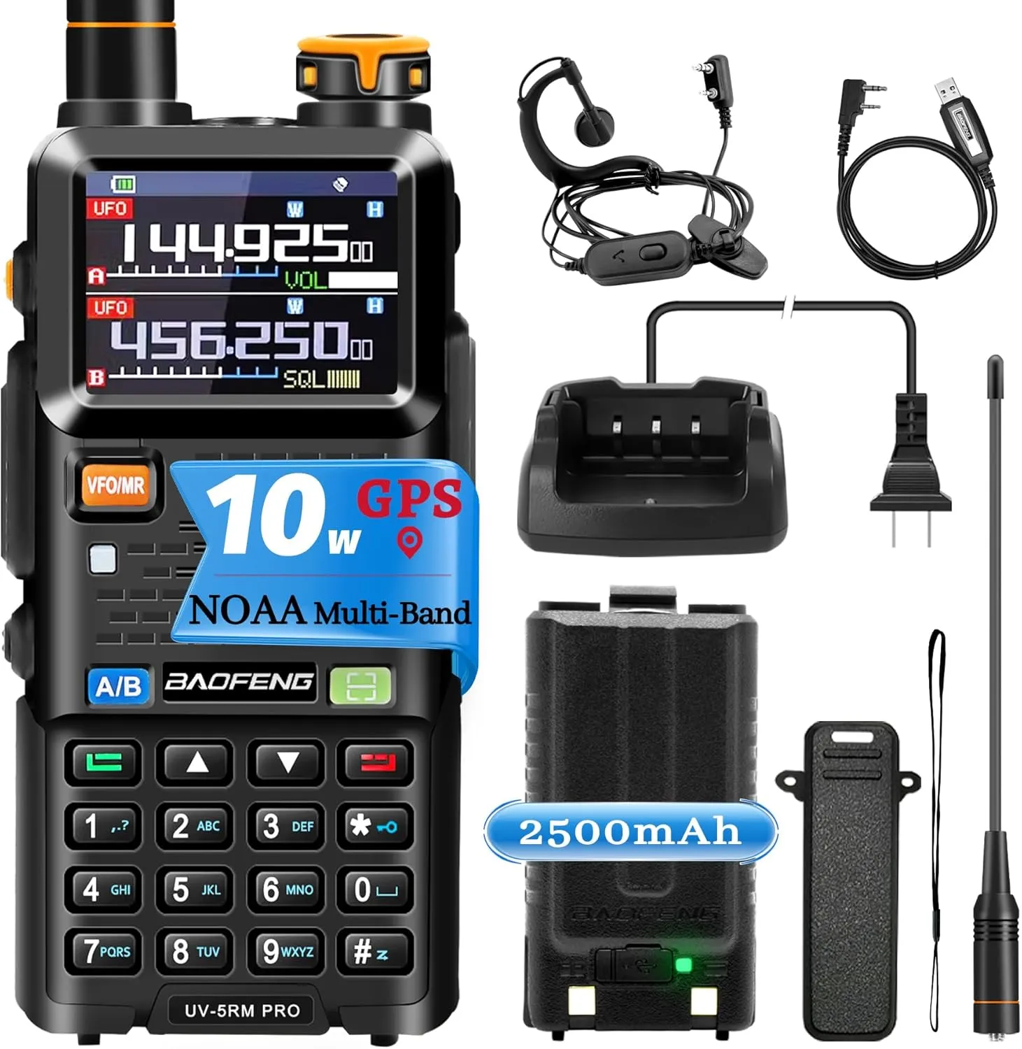 BAOFENG UV-5RM PRO GPS Radio: 10W Ham Radios Long Range, Multi-Band GMRS Handheld Radio 5RM PRO GPS Position Share and Request, Rechargeable Ham Radio with Type-C Charging 2500mAh Battery