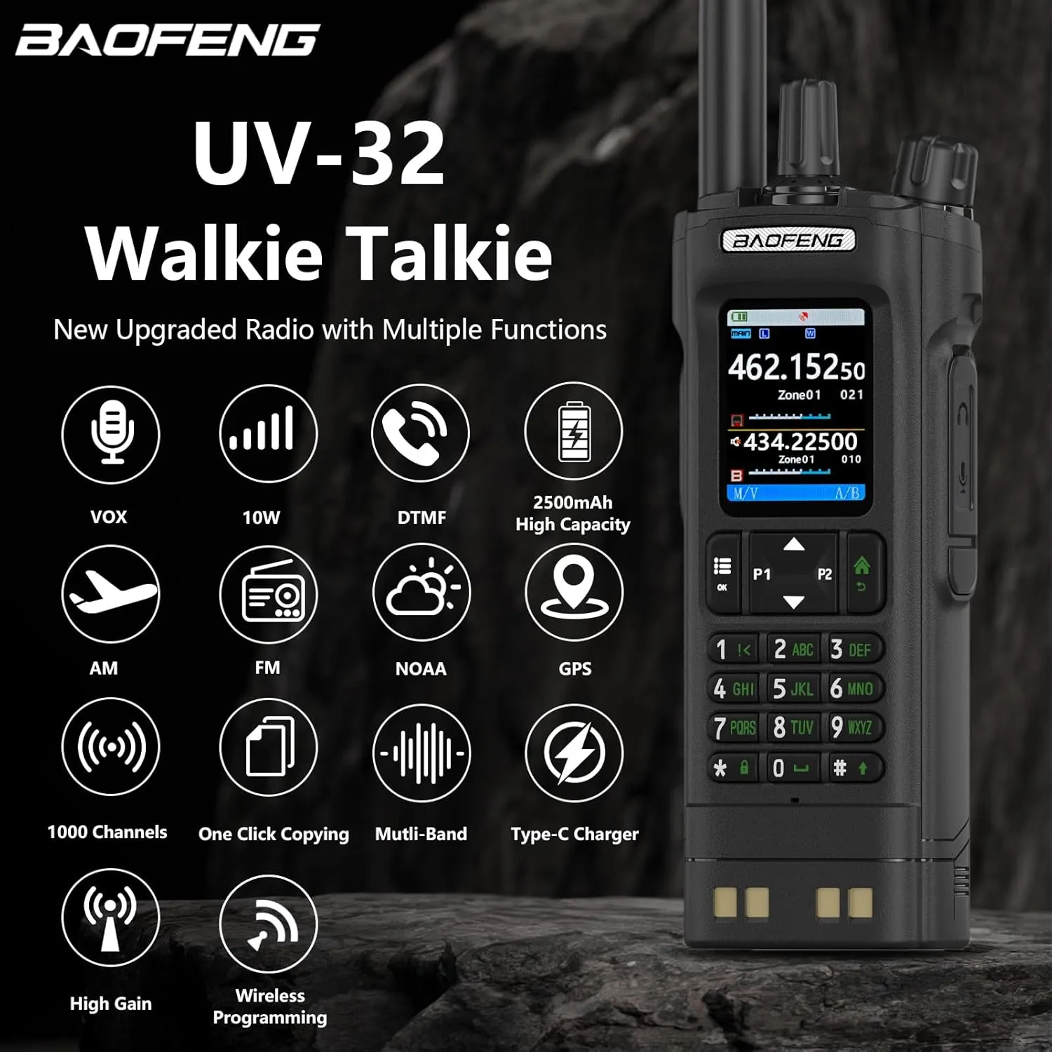 BAOFENG UV32 Radio 10W High Power Walkia Talkie GPS Two Way Raido USB-C Charging Multi-Band FM/AM Handheld Radio UV-32