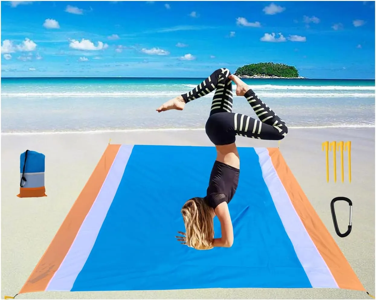 Beach Blanket, Beach Blanket Waterproof Sandproof,Waterproof Picnic Blanket for Travel, Camping, Hiking, Picnic,Music Festivals (Blue/White/Orange(83"x79"))