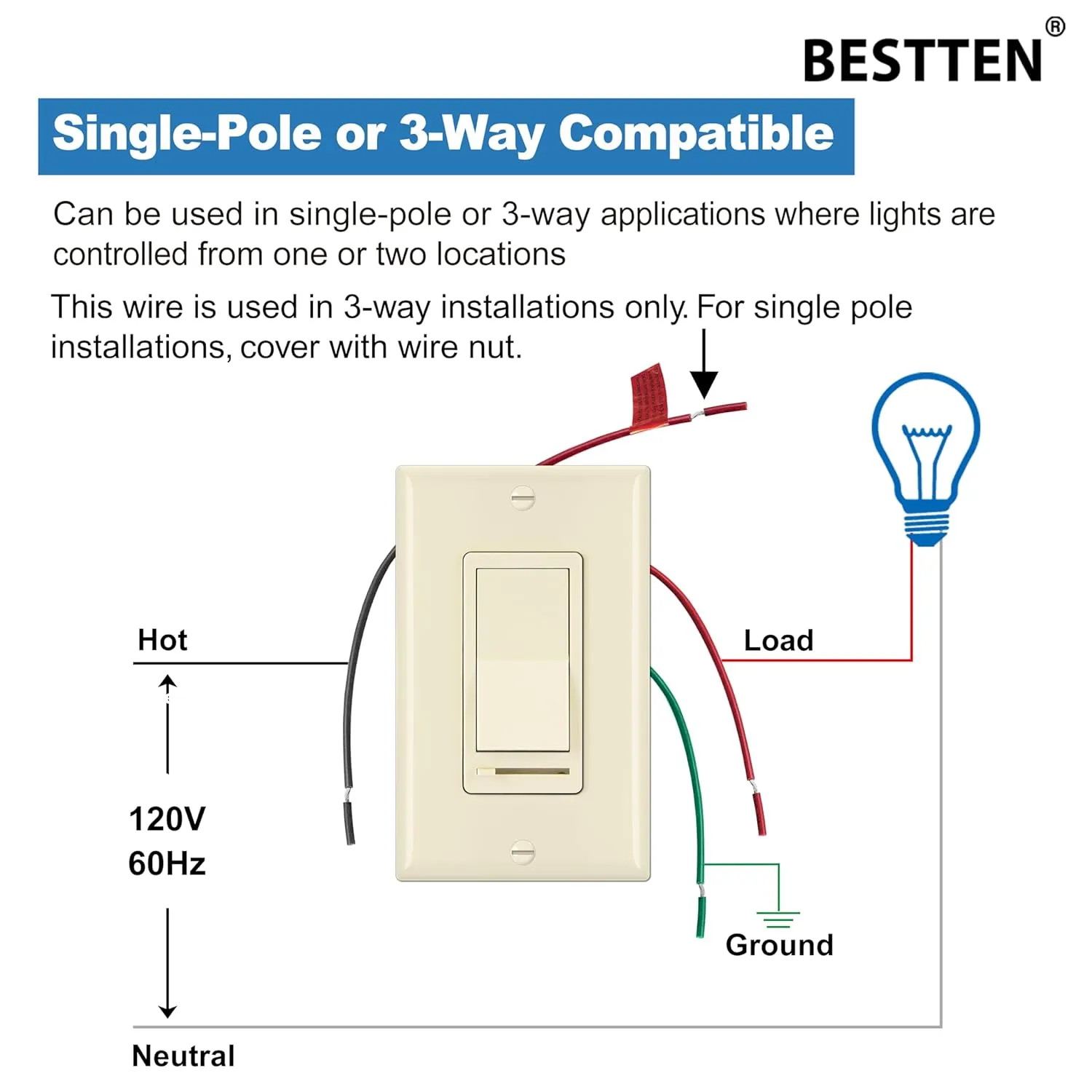 BESTTEN 2 Pack Almond Dimmer Wall Light Switch, Compatible with Dimmable LED, CFL, Incandescent and Halogen Bulb, Single Pole or 3-Way Dimmer Switches, 120VAC, Decorator Wall Plate Included,