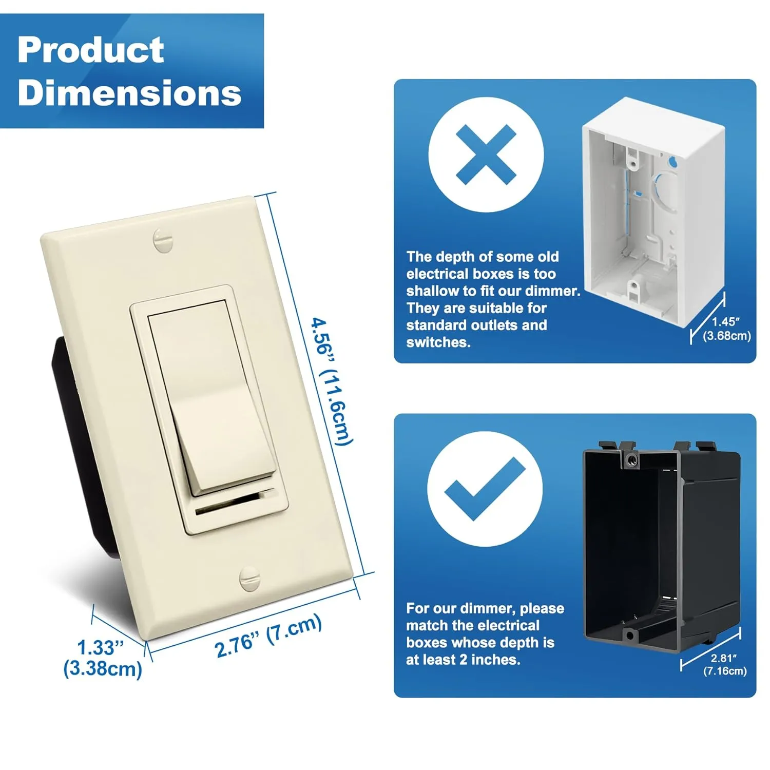BESTTEN 2 Pack Almond Dimmer Wall Light Switch, Compatible with Dimmable LED, CFL, Incandescent and Halogen Bulb, Single Pole or 3-Way Dimmer Switches, 120VAC, Decorator Wall Plate Included,
