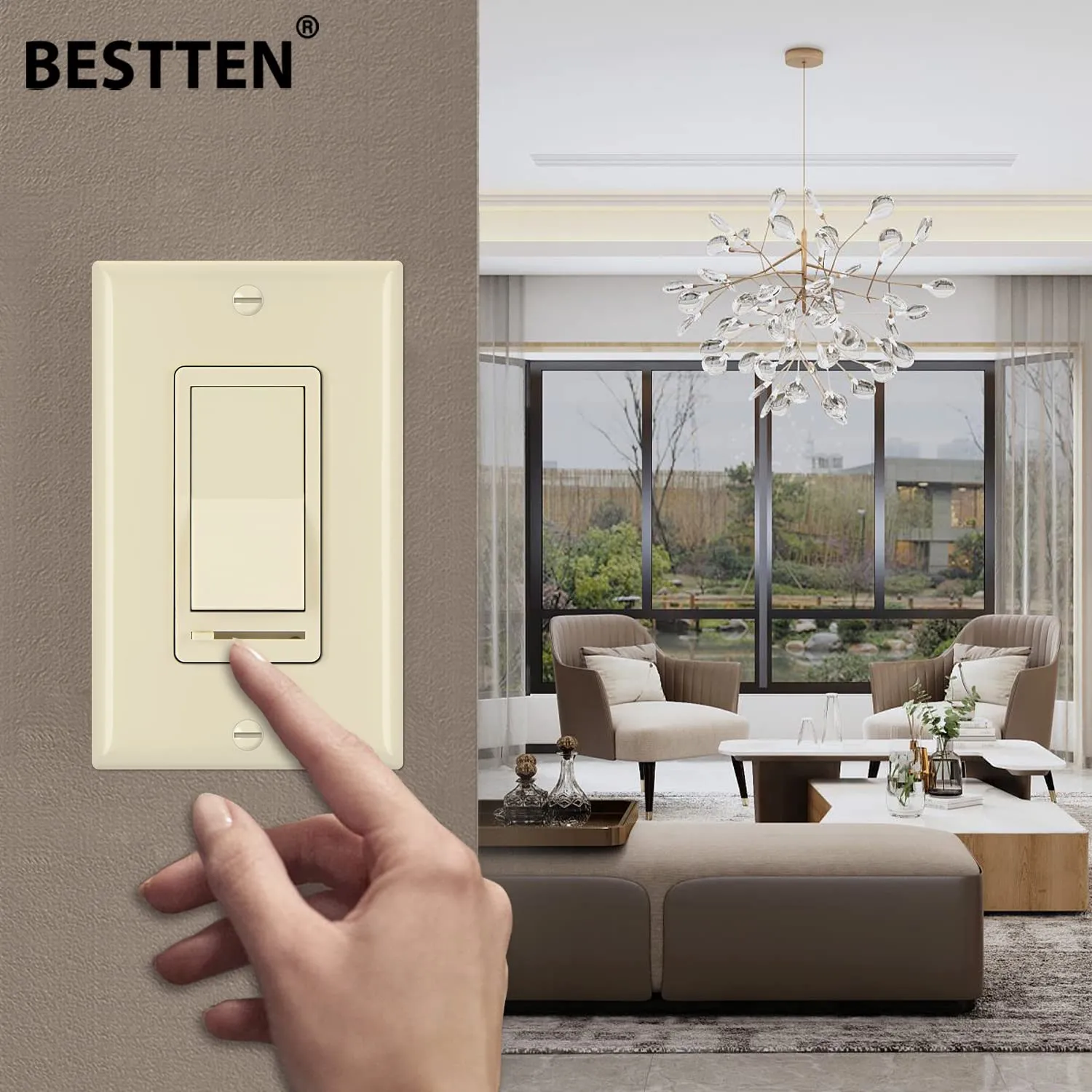 BESTTEN 2 Pack Almond Dimmer Wall Light Switch, Compatible with Dimmable LED, CFL, Incandescent and Halogen Bulb, Single Pole or 3-Way Dimmer Switches, 120VAC, Decorator Wall Plate Included,