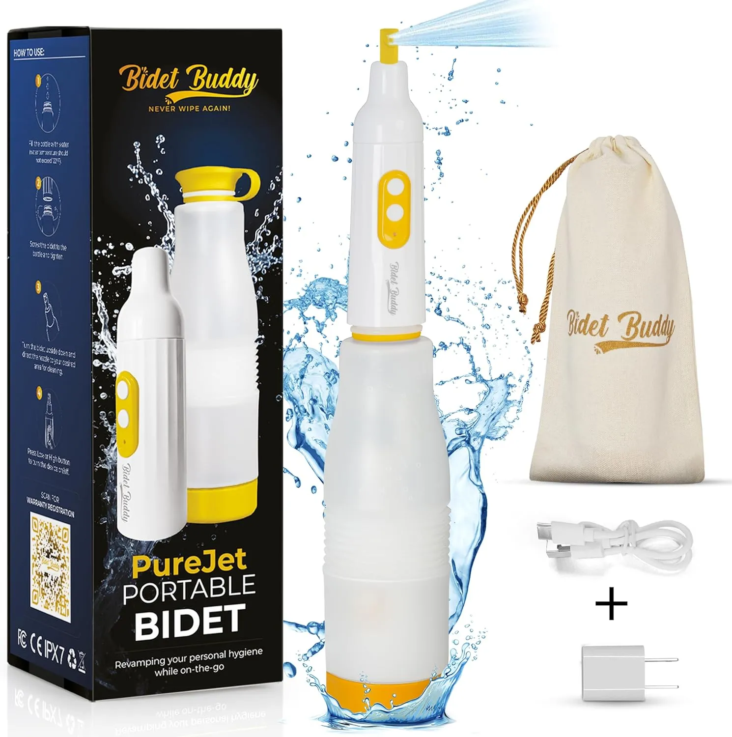 BIDET BUDDY® PureJet Portable Bidet for Travel | 400ml/min Flow | 500mAh Battery | 550ML Bottle | IPX7 Waterproof | USB-C Charging | Compact & High-Powered with Strong Pressure (White)
