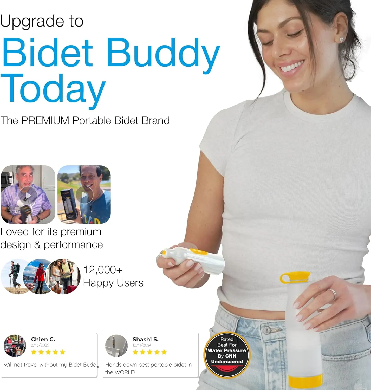 BIDET BUDDY® PureJet Portable Bidet for Travel | 400ml/min Flow | 500mAh Battery | 550ML Bottle | IPX7 Waterproof | USB-C Charging | Compact & High-Powered with Strong Pressure (White)