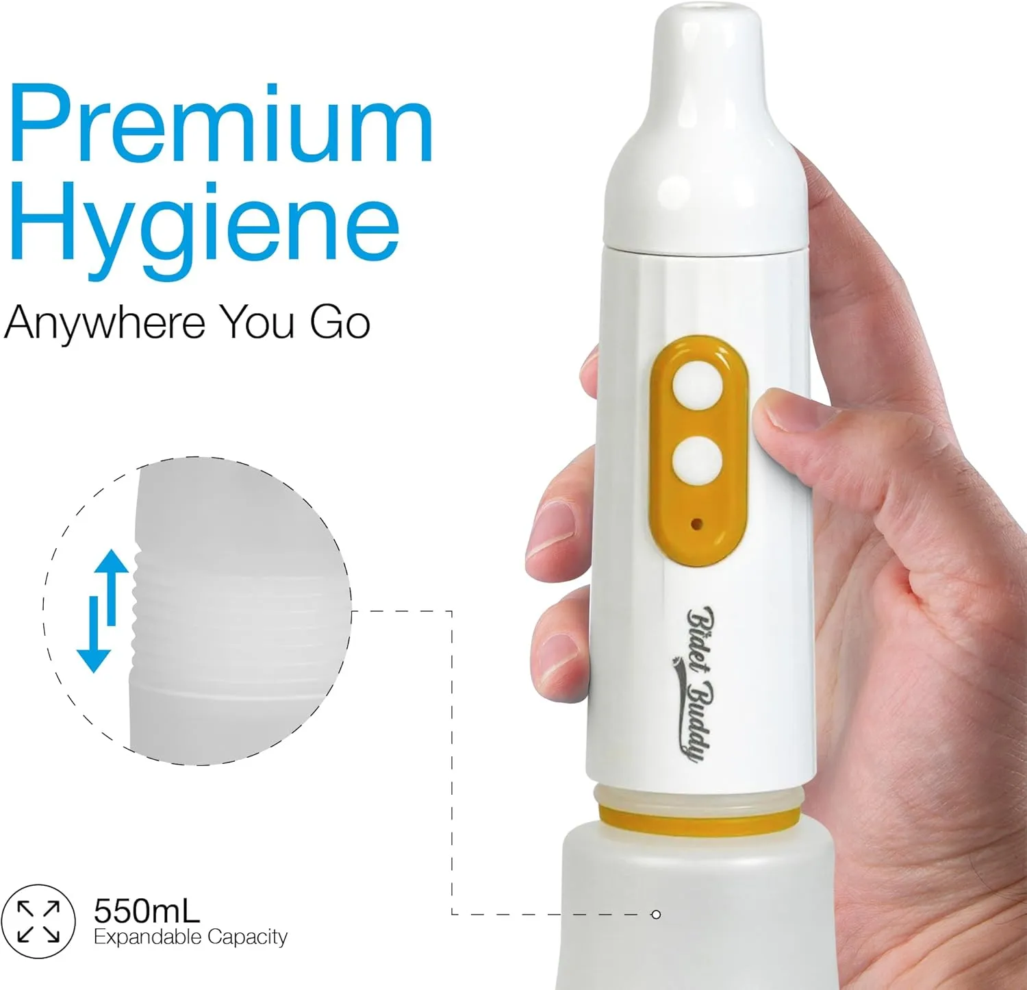BIDET BUDDY® PureJet Portable Bidet for Travel | 400ml/min Flow | 500mAh Battery | 550ML Bottle | IPX7 Waterproof | USB-C Charging | Compact & High-Powered with Strong Pressure (White)