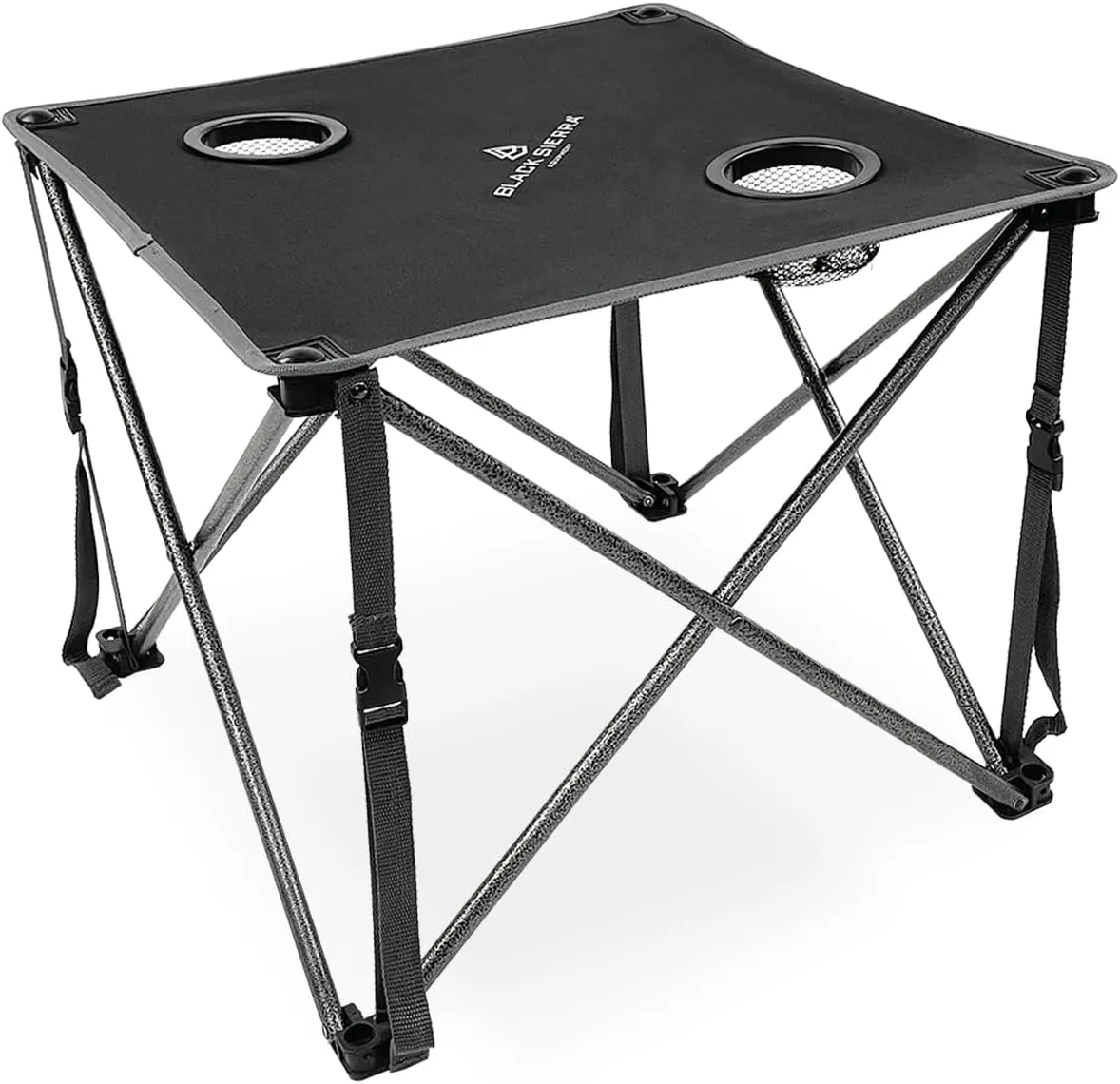 Black Sierra Foldable Camping Table w/ 2 Cup-Holders and Carry Bag, Heavy Duty Frame Supports 45lbs, Perfect for Tailgating, Compact for Storage & Transportation, Portable Outdoor Folding Table