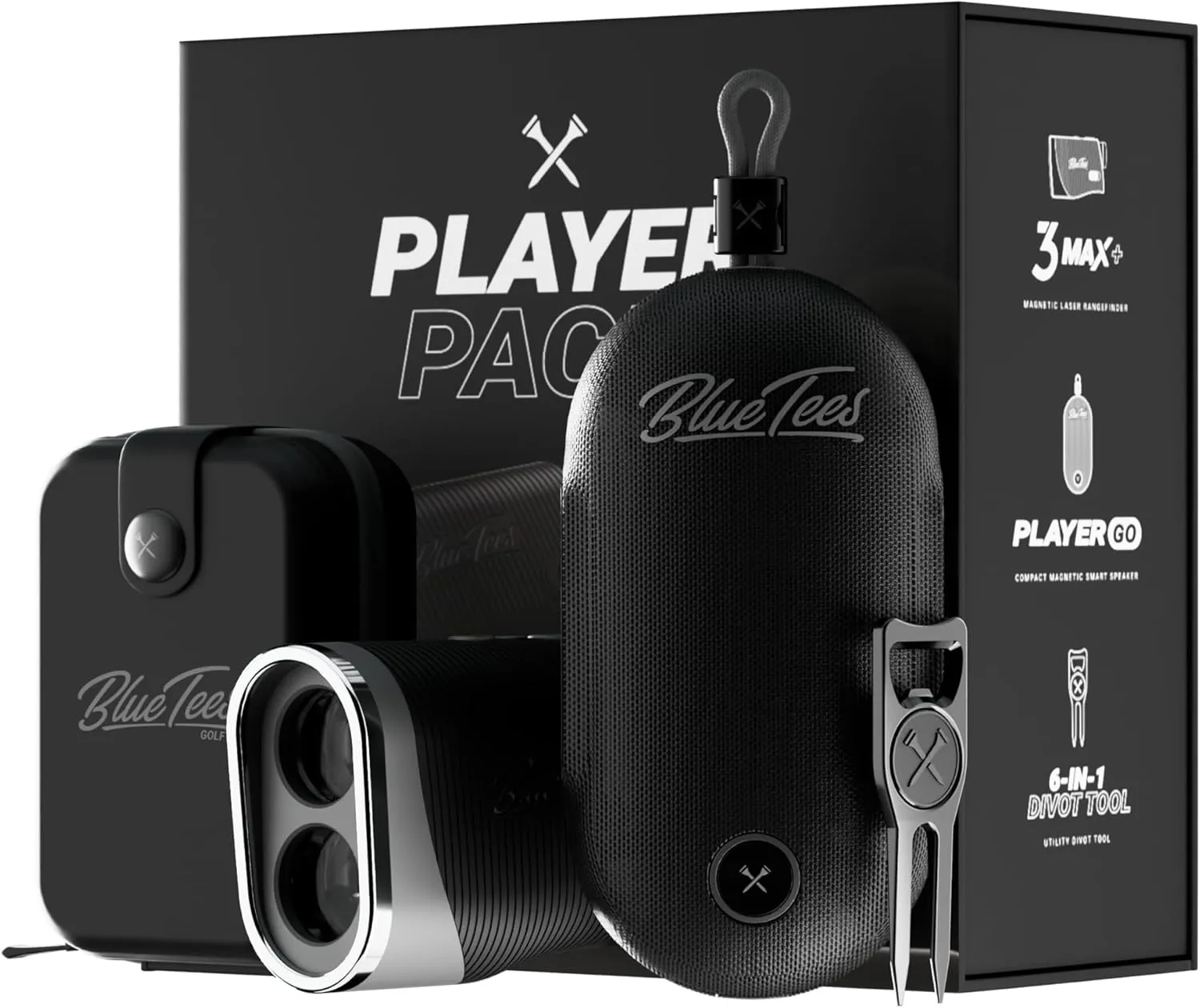 Blue Tees Golf Player Pack GO Bundle - Series 3 Max  Rangefinder with Premium Case, The Player GO GPS Equipped Magnetic Speaker & Premium 6-in-1 Utility Divot Tool - The Complete Golf Bundle