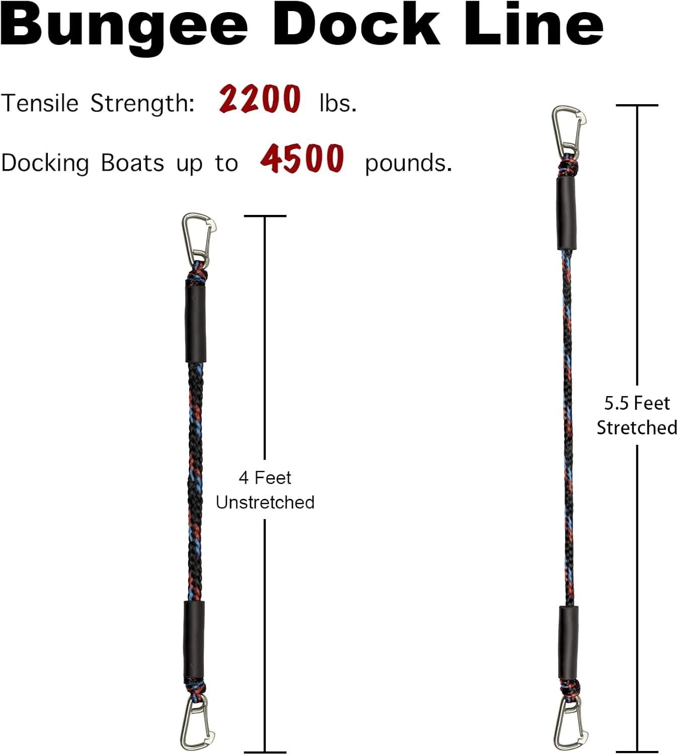 Bungee Dock Line Ropes for Mooring With 2 Stainless Steel Clip Accessories - Built-in Snubber for PWC, Kayak, Watercraft, SeaDoo, Jet Ski, Pontoon, Canoe, Power Boat - 2-Pack