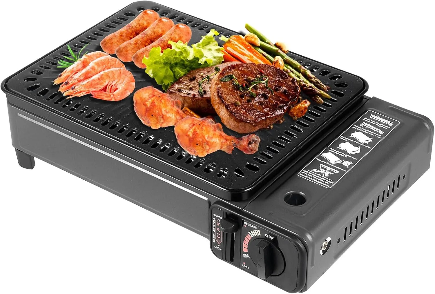 Butane Grill Stove, Portable Camping Grill Gas Stove with Baking Sheet & Grilling Net, Free Standing BBQ Roasting Grill Stove for Camping, BBQ, Gathering, Outdoor Cooking, Easy To Carry