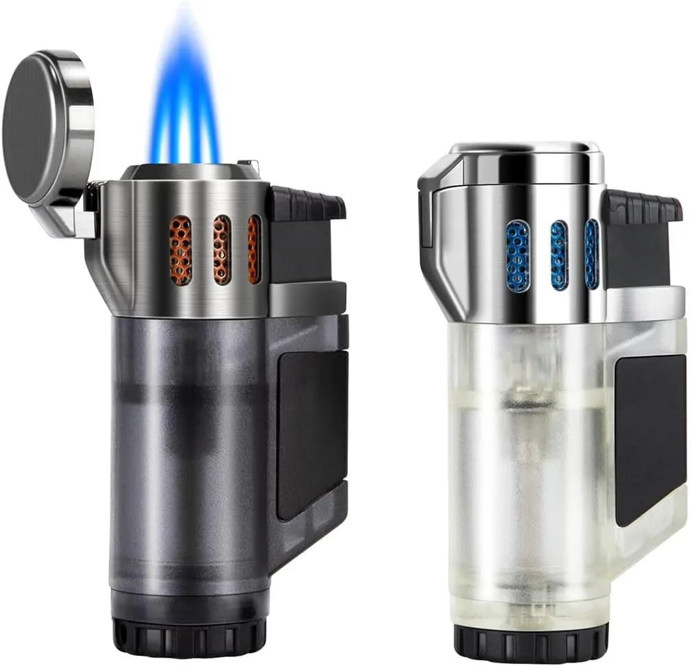 Butane Lighter, Three-Hole Straight Flame Lighter, Windproof Lighter, Metal Lighter, Adjustable Flame Size Lighter (Without Gas)(Black and Silver)