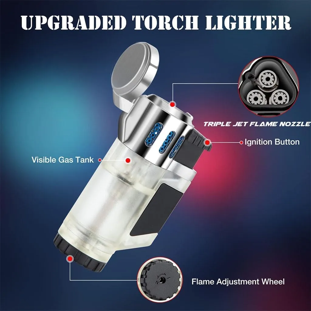 Butane Lighter, Three-Hole Straight Flame Lighter, Windproof Lighter, Metal Lighter, Adjustable Flame Size Lighter (Without Gas)(Black and Silver)