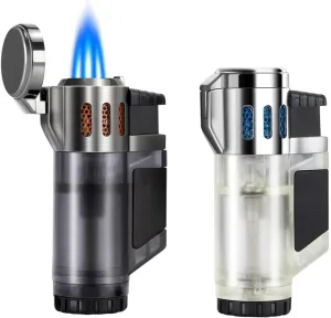 Butane Lighter, Three-Hole Straight Flame Lighter, Windproof Lighter, Metal Lighter, Adjustable Flame Size Lighter (Without Gas)(Black and Silver)