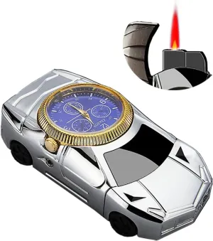 Butane Torch Lighter with Watch – Windproof Adjustable Jet Flame Lighter, Refillable Solar Beam Design, Cool Lighters for Men, Ideal Gift(Butane Gas Not Included) Silver