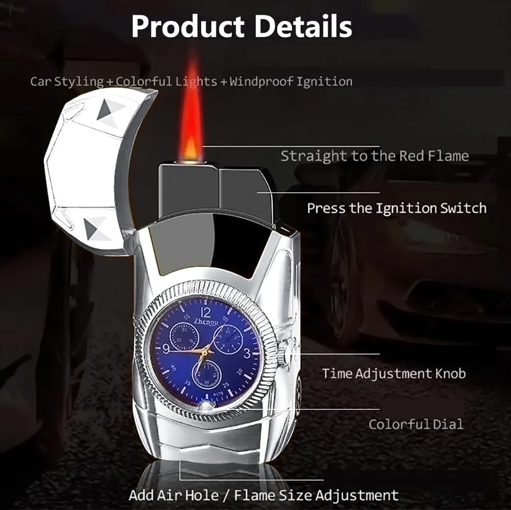 Butane Torch Lighter with Watch – Windproof Adjustable Jet Flame Lighter, Refillable Solar Beam Design, Cool Lighters for Men, Ideal Gift(Butane Gas Not Included) Silver
