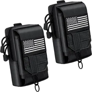 bvya 2 Pack Tactical EDC Pouches, Multi-Purpose Utility Tool Pocket Molle Phone Holster Waist Belt Pouch with U.S. Flag Patch and Tactical Gear Clips