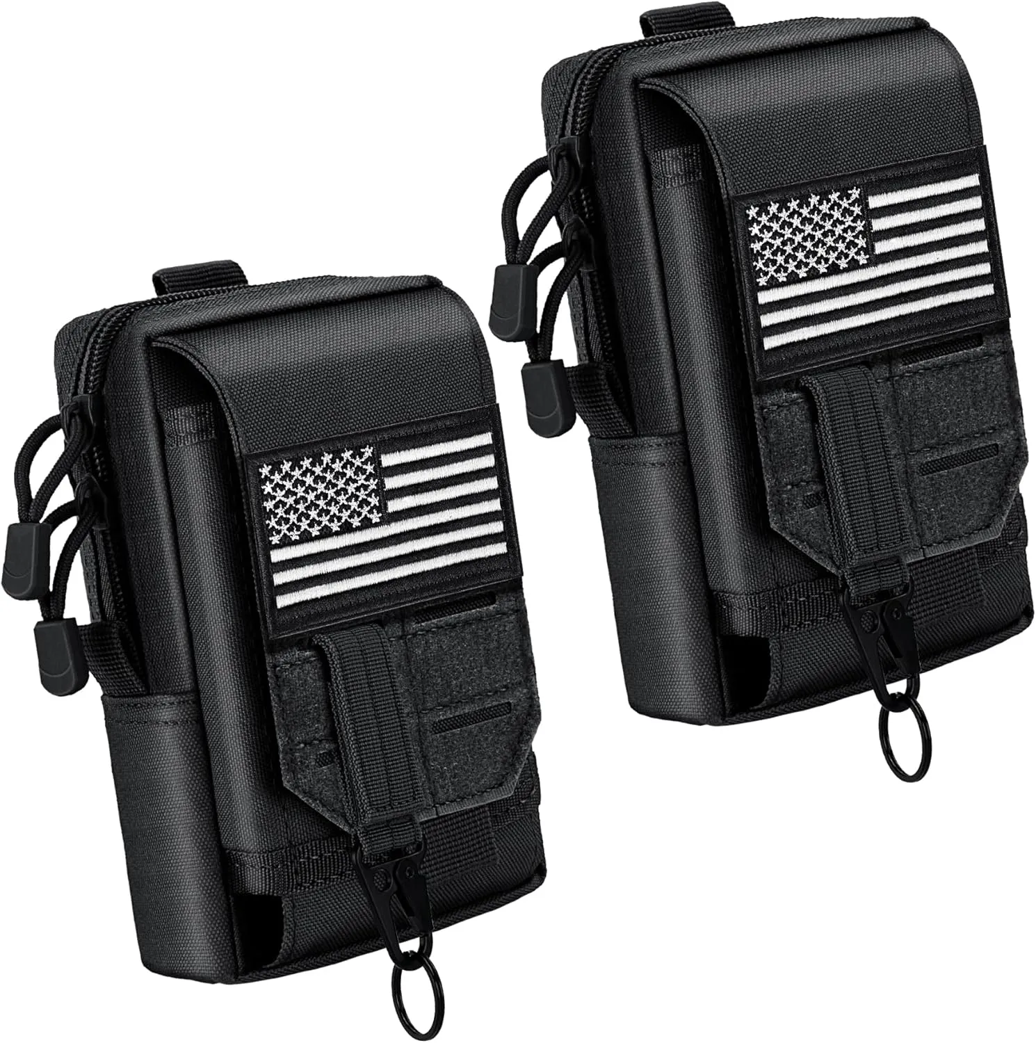 bvya 2 Pack Tactical EDC Pouches, Multi-Purpose Utility Tool Pocket Molle Phone Holster Waist Belt Pouch with U.S. Flag Patch and Tactical Gear Clips
