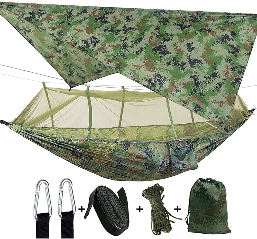 Camping Hammock 2 Person Hammocks with Net, Tent, Tree Straps Heavy Duty Waterproof Lightweight Nylon Portable Hammock for Hiking Outdoor Travel Beach Survival Backyard(Camouflage Camouflage)