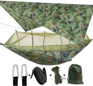 Camping Hammock 2 Person Hammocks with Net, Tent, Tree Straps Heavy Duty Waterproof Lightweight Nylon Portable Hammock for Hiking Outdoor Travel Beach Survival Backyard(Camouflage Camouflage)