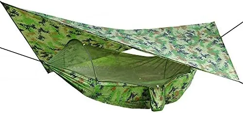 Camping Hammock Outdoor Camping Hammock with Mosquito Net and Tent Tarp, Portable Single Double Parachute Hammock Rain Fly Set for Hiking, Camping, Backpacking, Travel, Backyard, Beac