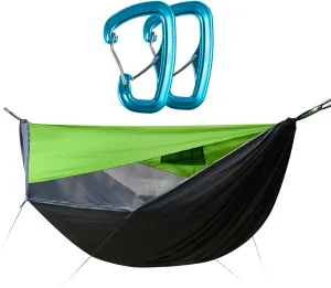 Camping Hammock with Mosquito Net and Sunshade with 2 Carabiner Clip Hooks, Lightweight Portable Hammocks for Outside, Hiking, and Travel