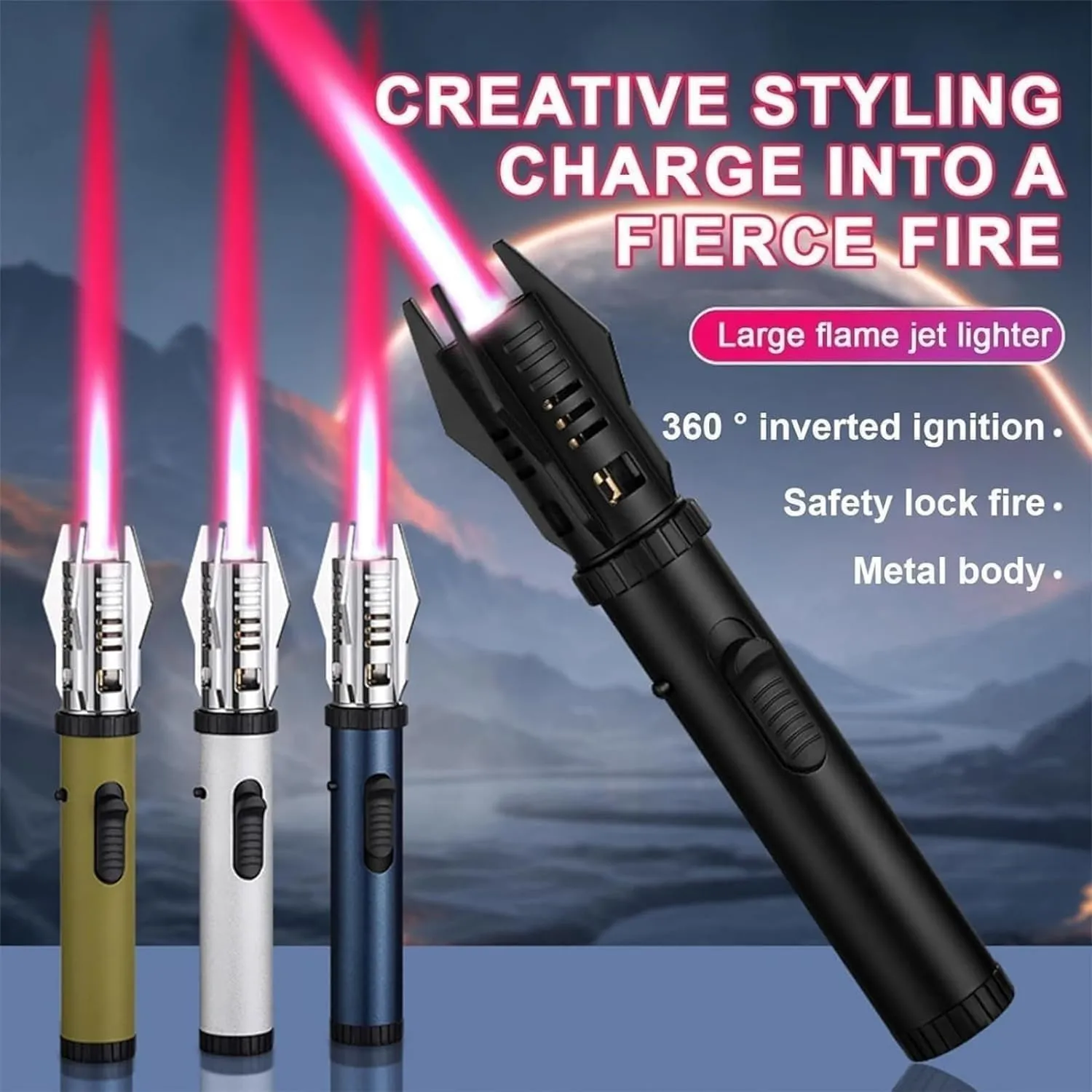 Camping Outdoor Windproof Straight Flame Lighter, Metal Big Fire Sun Beam Windproof Torch Lighter, Rechargeable Adjustable Flame with Safety Lock Igniter for Candle Cigar BBQ(Green)
