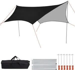 Camping tarp 15x15ft Waterproof Portable rain Fly, Lightweight Hammock tarp with 2 Poles, Tent Stakes and Wind Ropes, Black Survival Equipment Gear Camping Tent