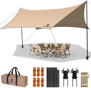 Camping Tarp with Poles & Retainer,15x12.5FT Large Waterproof 210D Oxford Cloth Camping Canopy, Anti-UV UPF100  Tent Tarp Car Awning for Outdoor, Picnic, Hammock, Car, Backpacking(Khaki)