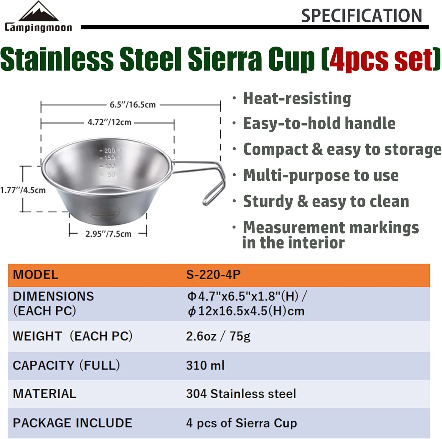 CAMPINGMOON 2pcs/4pcs Set Stainless Steel Camping Sierra Cup 310ml (4pcs Set)