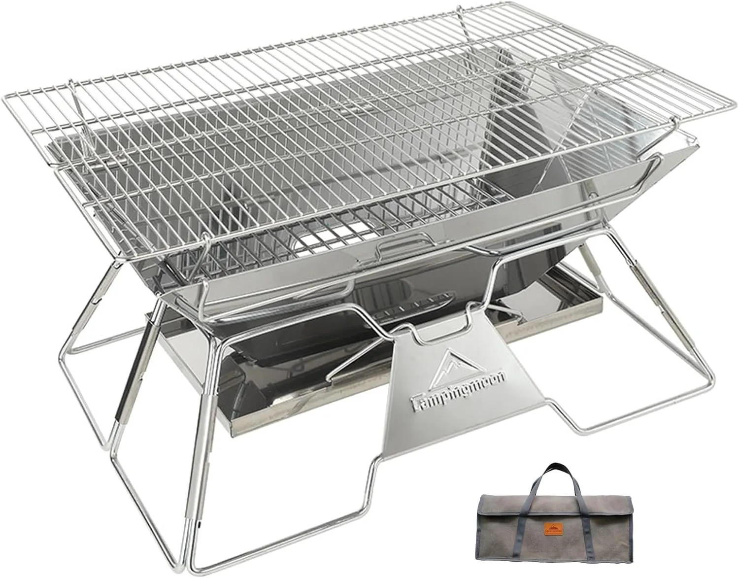CAMPINGMOON Portable Camping Fire Pit Stainless Steel Foldable Collapsible BBQ Grill Wood Burning Charcoal 20x13-inch with Carrying Bag MT-3