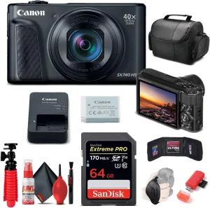 Canon PowerShot SX740 HS Digital Camera (Black) | 40x Zoom, 4K UHD Video, Wi-Fi & Bluetooth   64GB Card   Card Reader   Soft Bag   Flex Tripod   Hand Strap   Memory Wallet   Cleaning Kit (Renewed)