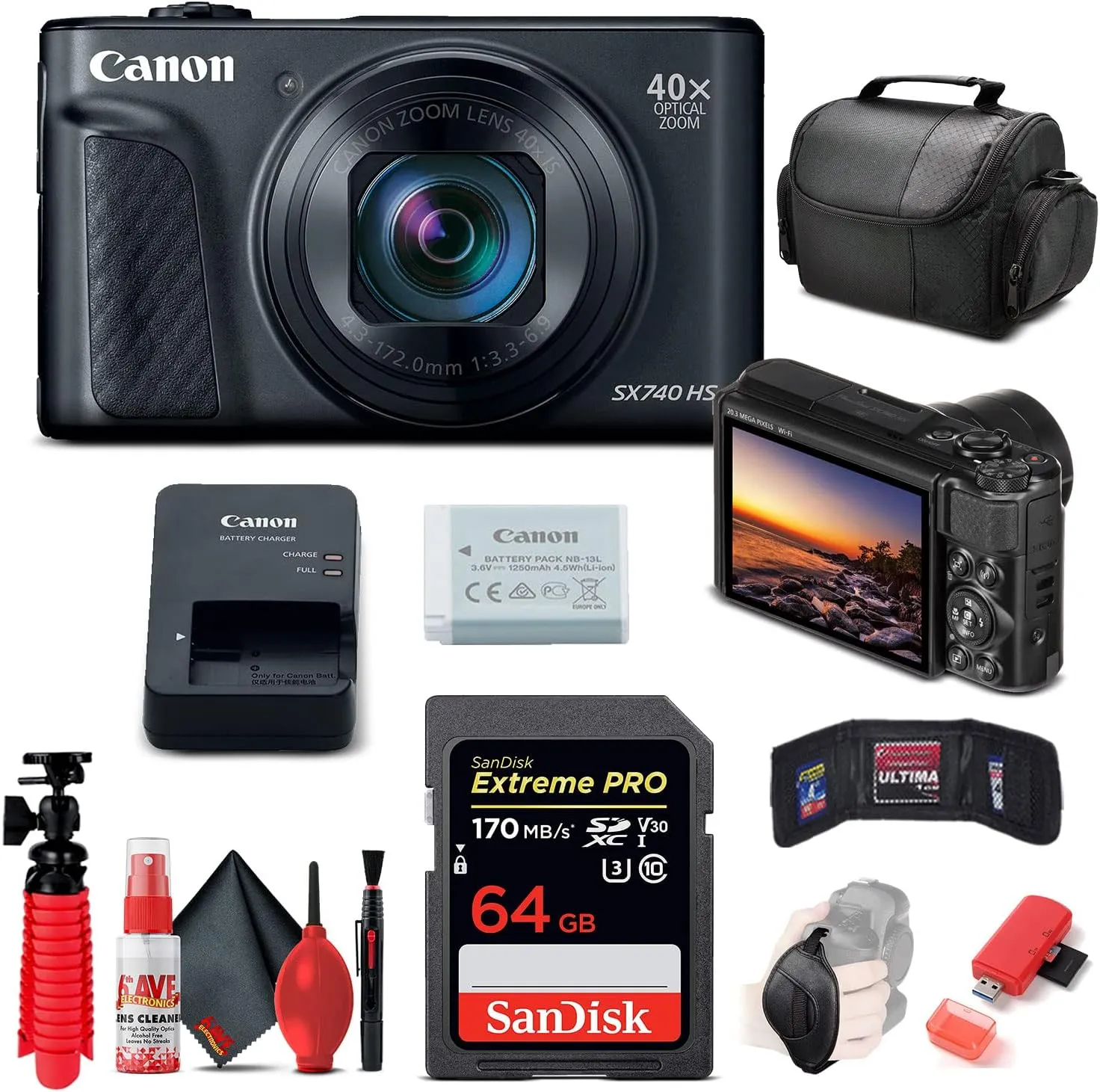 Canon PowerShot SX740 HS Digital Camera (Black) | 40x Zoom, 4K UHD Video, Wi-Fi & Bluetooth   64GB Card   Card Reader   Soft Bag   Flex Tripod   Hand Strap   Memory Wallet   Cleaning Kit (Renewed)