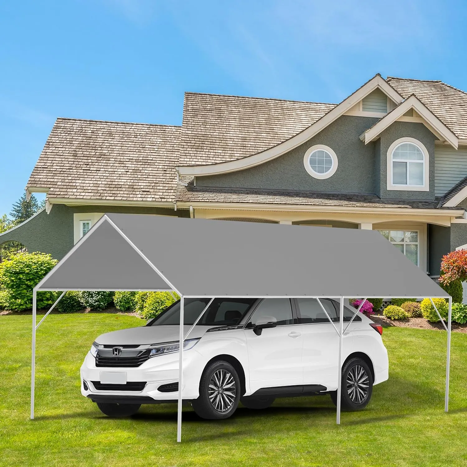 Canopy Replacement Cover for 10' x 20' Carport Frame, 200G Heavy Duty Replacement Top Cover for Car Garage, Waterproof & UV Protected Tarp with 48 Ball Bungees (Only Cover, Frame Not Included), Grey