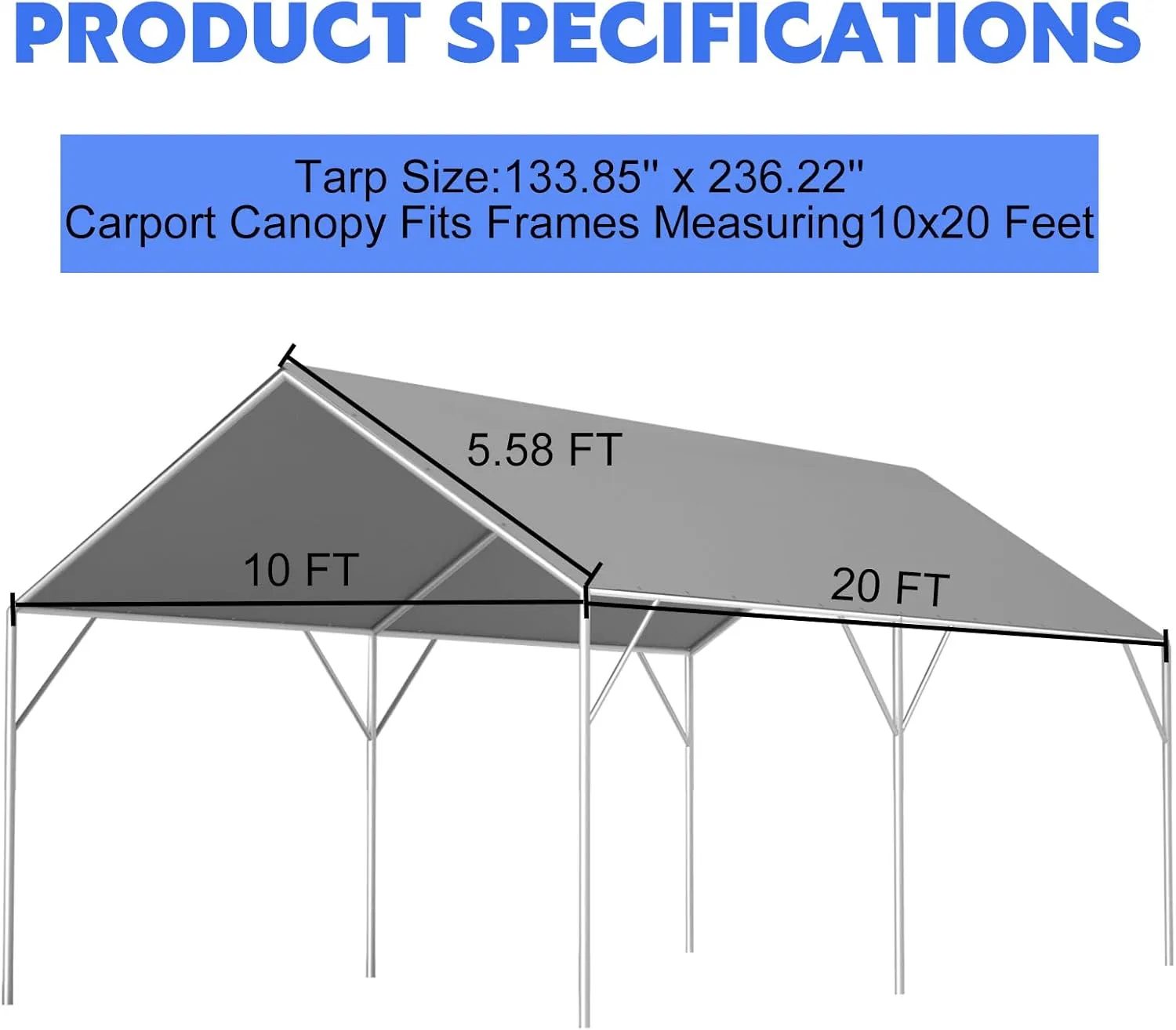 Canopy Replacement Cover for 10' x 20' Carport Frame, 200G Heavy Duty Replacement Top Cover for Car Garage, Waterproof & UV Protected Tarp with 48 Ball Bungees (Only Cover, Frame Not Included), Grey