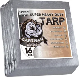 CARTMAN Finished Size 12x20 Feet Extra Thick 16 Mil Ultra Heavy Duty Poly Tarp, Multipurpose Protective Cover, UV Resistant, Waterproof Poly Tarpaulin with Reinforced Edges