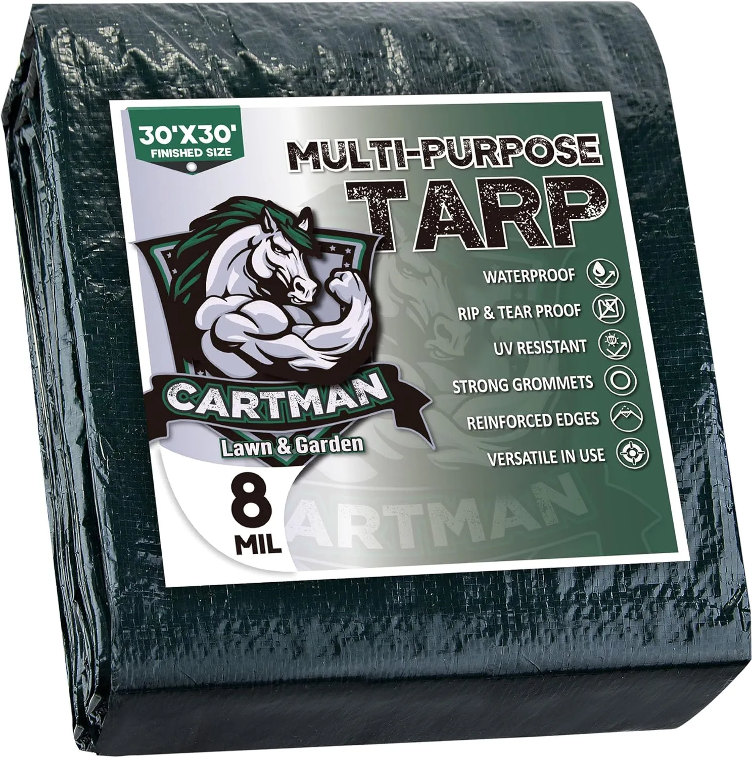 CARTMAN Finished Size 30x30 Feet Waterproof Green Tarp 8 Mil Thick, Multipurpose Protective Cover for Emergency Rain Shelter Camping Tarpaulin
