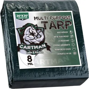 CARTMAN Finished Size 30x30 Feet Waterproof Green Tarp 8 Mil Thick, Multipurpose Protective Cover for Emergency Rain Shelter Camping Tarpaulin