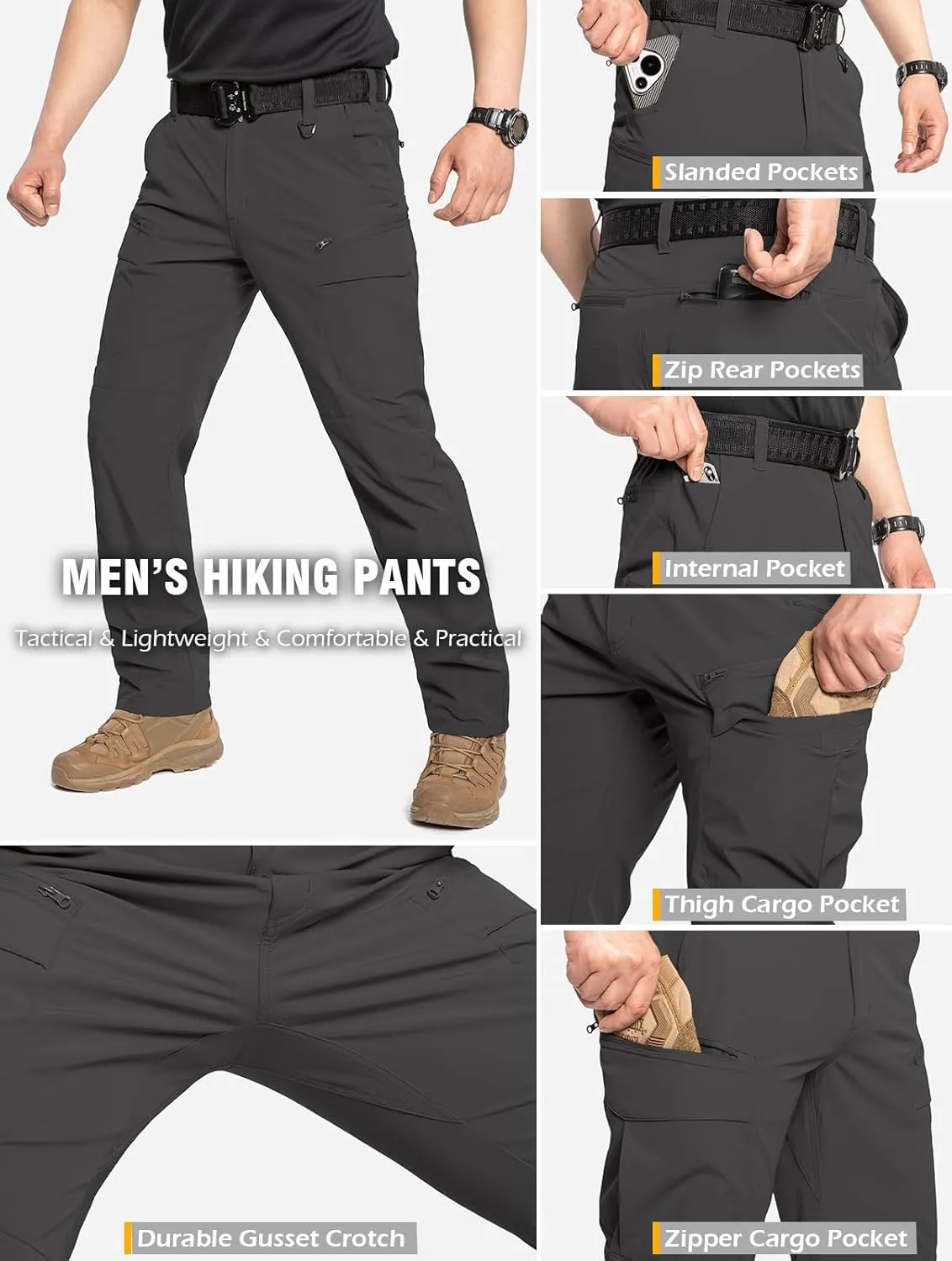 CARWORNIC Men's Quick Dry Tactical Hiking Pants Flex Water Resistant Lightweight Outdoor Fishing Cargo Work Pants 9 Pockets
