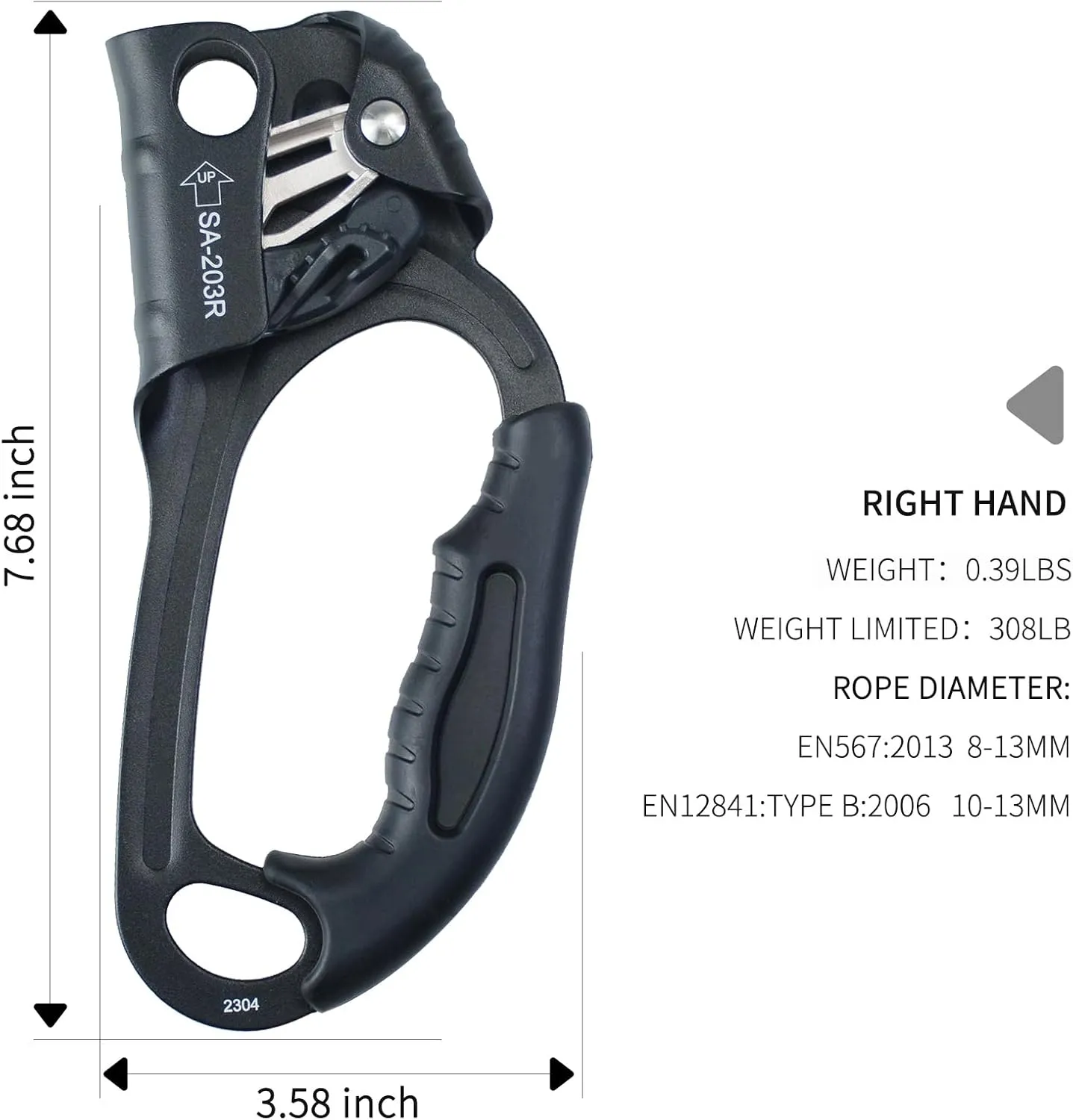 CE Hand Ascender,140kgs Rappelling Gear Equipment with Ergonomic Rubber Handle for Rock Climbing Tree Arborist, Climbing Rescue Caving, Mountaineering, 8~13MM Rope, 4kN,Right/Left Hand