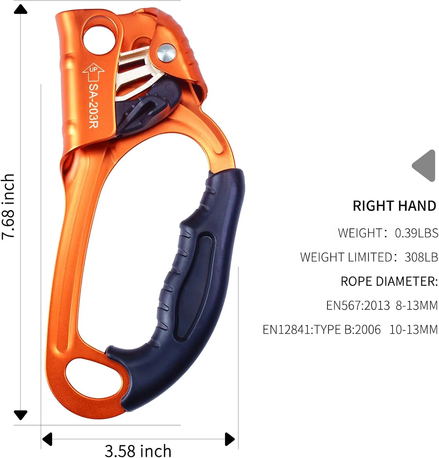 CE Hand Ascender,140kgs Rappelling Gear Equipment with Ergonomic Rubber Handle for Rock Climbing Tree Arborist, Climbing Rescue Caving, Mountaineering, 8~13MM Rope, 4kN,Right/Left Hand