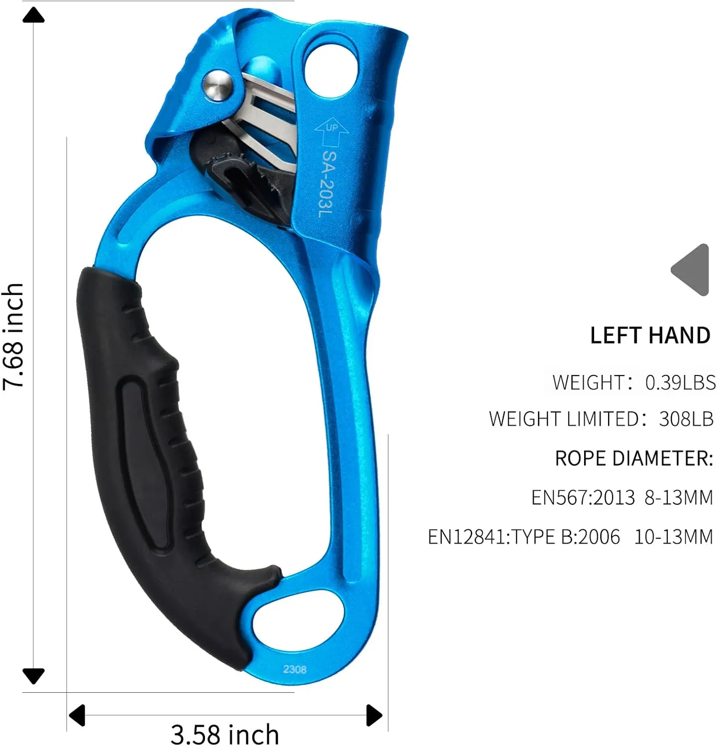 CE Hand Ascender,140kgs Rappelling Gear Equipment with Ergonomic Rubber Handle for Rock Climbing Tree Arborist, Climbing Rescue Caving, Mountaineering, 8~13MM Rope, 4kN,Right/Left Hand