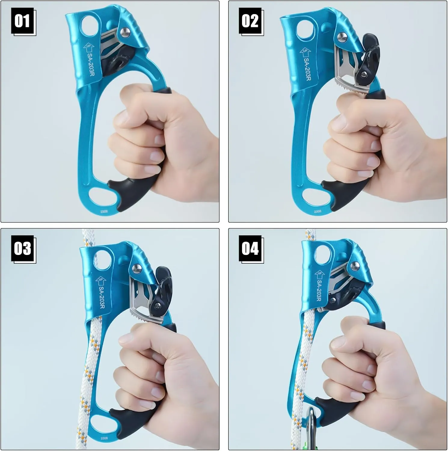 CE Hand Ascender,140kgs Rappelling Gear Equipment with Ergonomic Rubber Handle for Rock Climbing Tree Arborist, Climbing Rescue Caving, Mountaineering, 8~13MM Rope, 4kN,Right/Left Hand