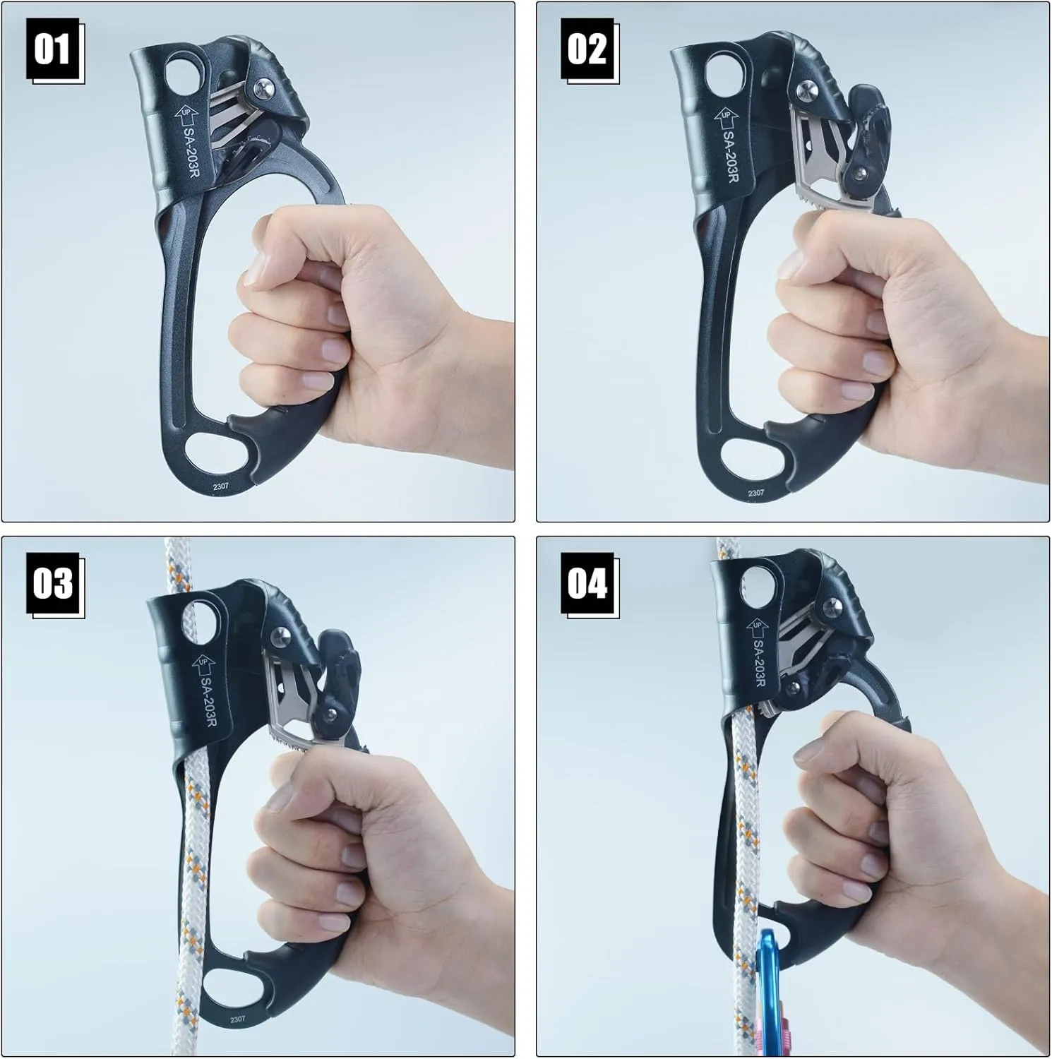 CE Hand Ascender,140kgs Rappelling Gear Equipment with Ergonomic Rubber Handle for Rock Climbing Tree Arborist, Climbing Rescue Caving, Mountaineering, 8~13MM Rope, 4kN,Right/Left Hand