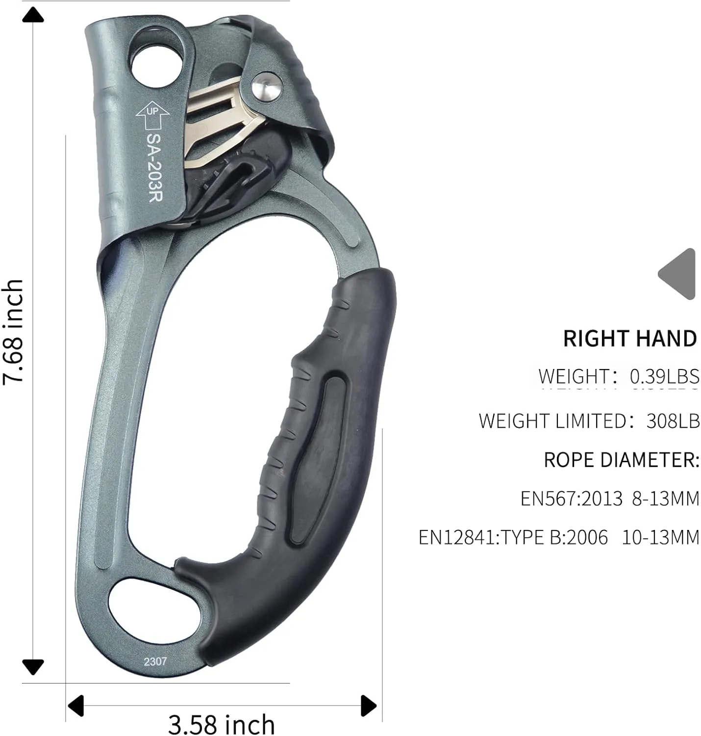 CE Hand Ascender,140kgs Rappelling Gear Equipment with Ergonomic Rubber Handle for Rock Climbing Tree Arborist, Climbing Rescue Caving, Mountaineering, 8~13MM Rope, 4kN,Right/Left Hand