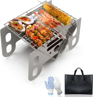 Charcoal Grills, Small Portable BBQ Charcoal Grill Foldable for Camping, Beach & Balcony – Stainless Steel, V-shaped, Mini Outdoor Grill with Carrying Bag – Asadores De Carbon Portatil, S