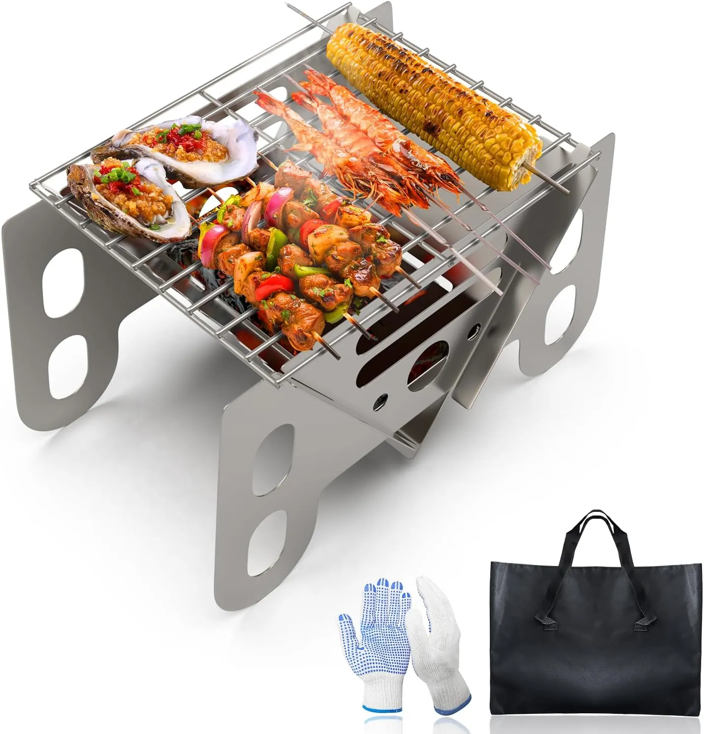Charcoal Grills, Small Portable BBQ Charcoal Grill Foldable for Camping, Beach & Balcony – Stainless Steel, V-shaped, Mini Outdoor Grill with Carrying Bag – Asadores De Carbon Portatil, S